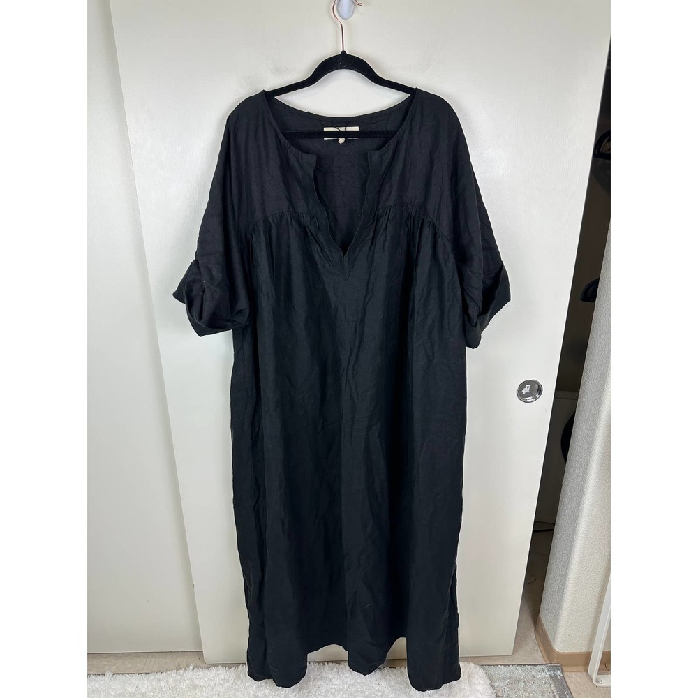 Mara Hoffman Linen Maxi Dress Puffy Sleeves Round Neck Keyhole Front Black XL